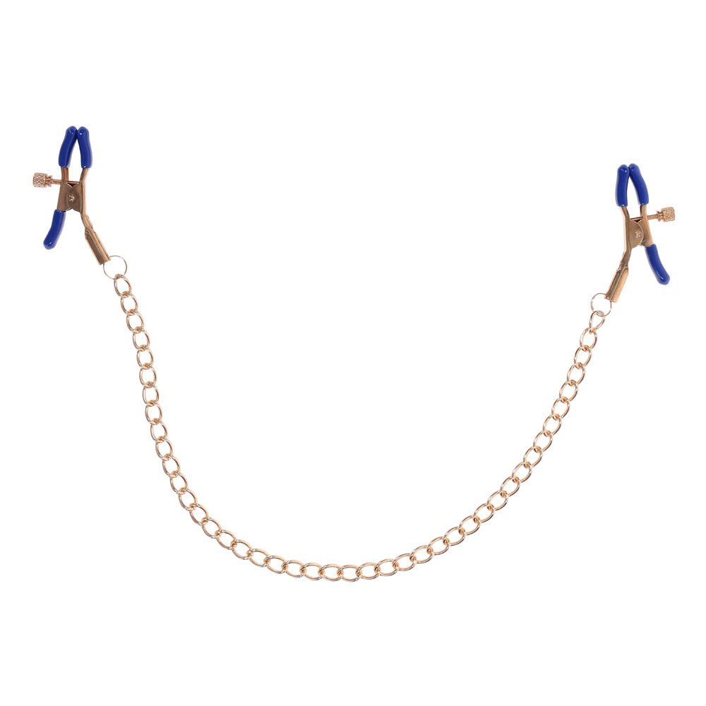 Sex & Mischief Cougar Chained Nipple Clamps - Gold Nipple Clamps with Cougar Chain - Pleasure Den