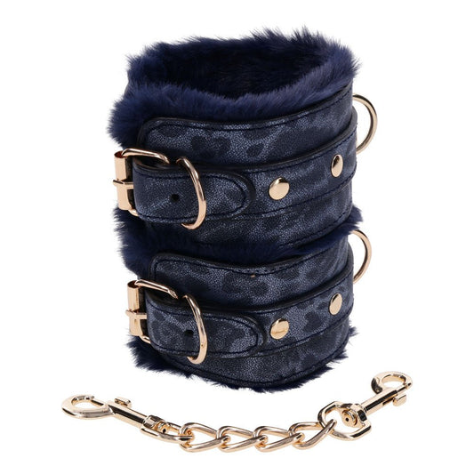 Sex & Mischief Cougar Fur Handcuffs - Navy /Gold Furry Restraints - Pleasure Den