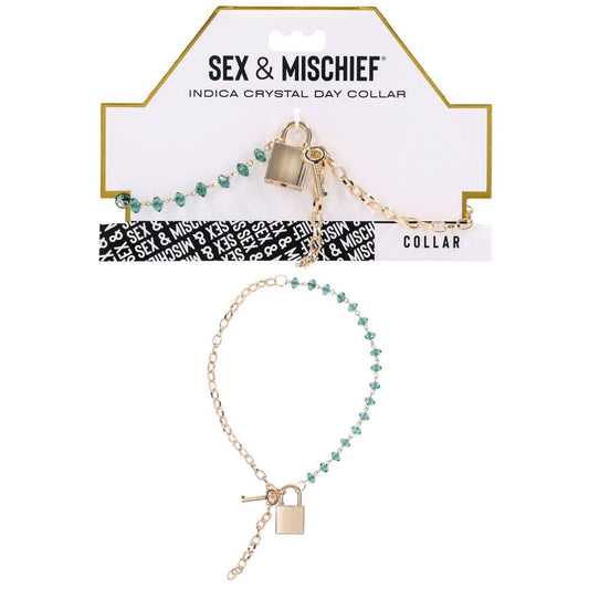 Sex & Mischief Indica Crystal Day Collar - Gold/Emerald Lockable Collar - Pleasure Den