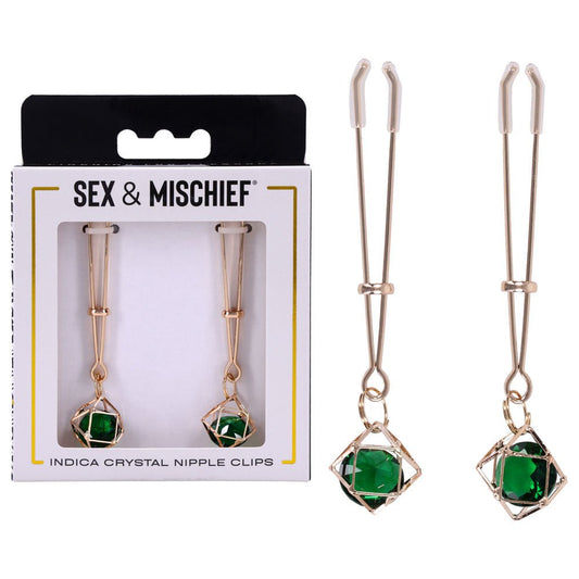 Sex & Mischief Indica Crystal Nipple Clips - Gold Nipple Clips with Emerald Gems - Pleasure Den