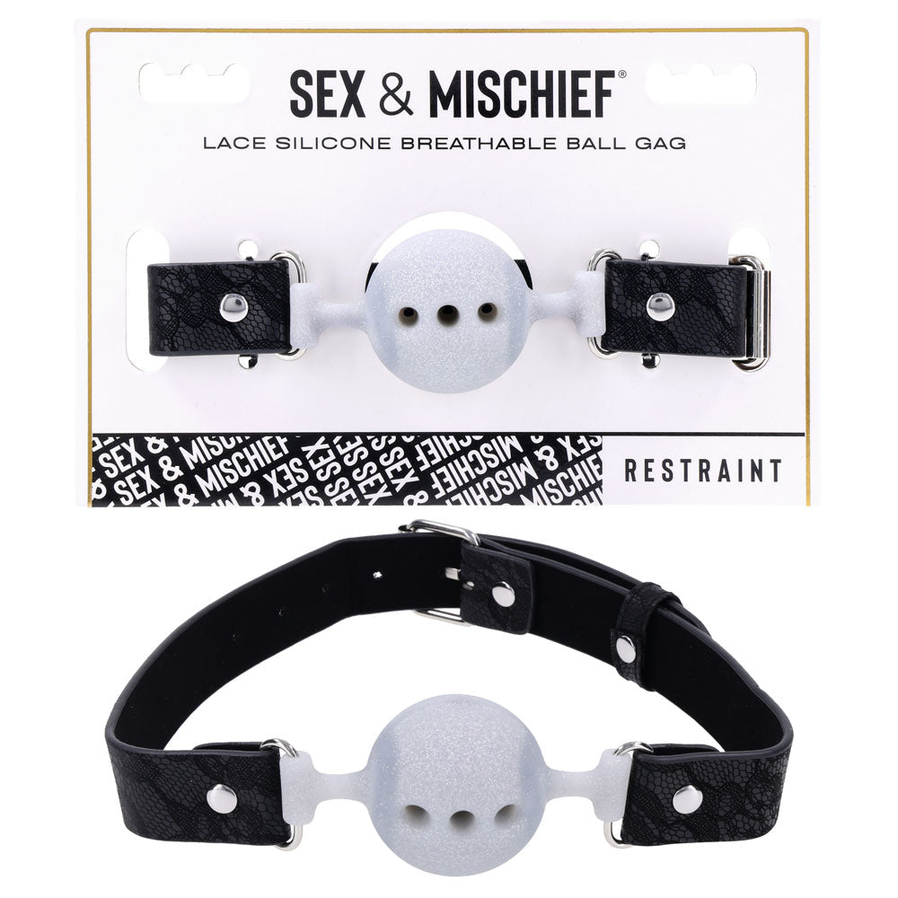 Sex & Mischief Lace Silicone Breathable Ball Gag - Black/Grey Mouth Restraint - Pleasure Den