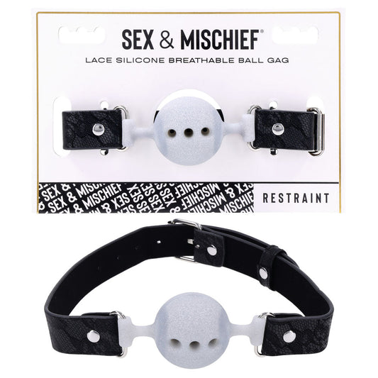 Sex & Mischief Lace Silicone Breathable Ball Gag - Black/Grey Mouth Restraint - Pleasure Den