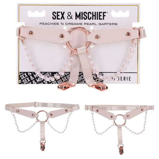 Sex & Mischief Peaches n CreaMe Pearl Garters - Peach / Rose Gold Garters with Pearls - Set of 2 - Pleasure Den