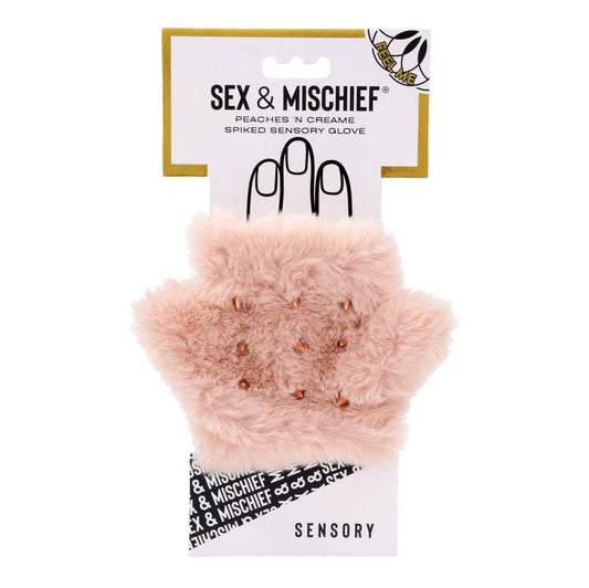 Sex & Mischief Peaches n CreaMe Spiked Sensory Glove - Peach Furry Glove with Metal Spikes - Pleasure Den