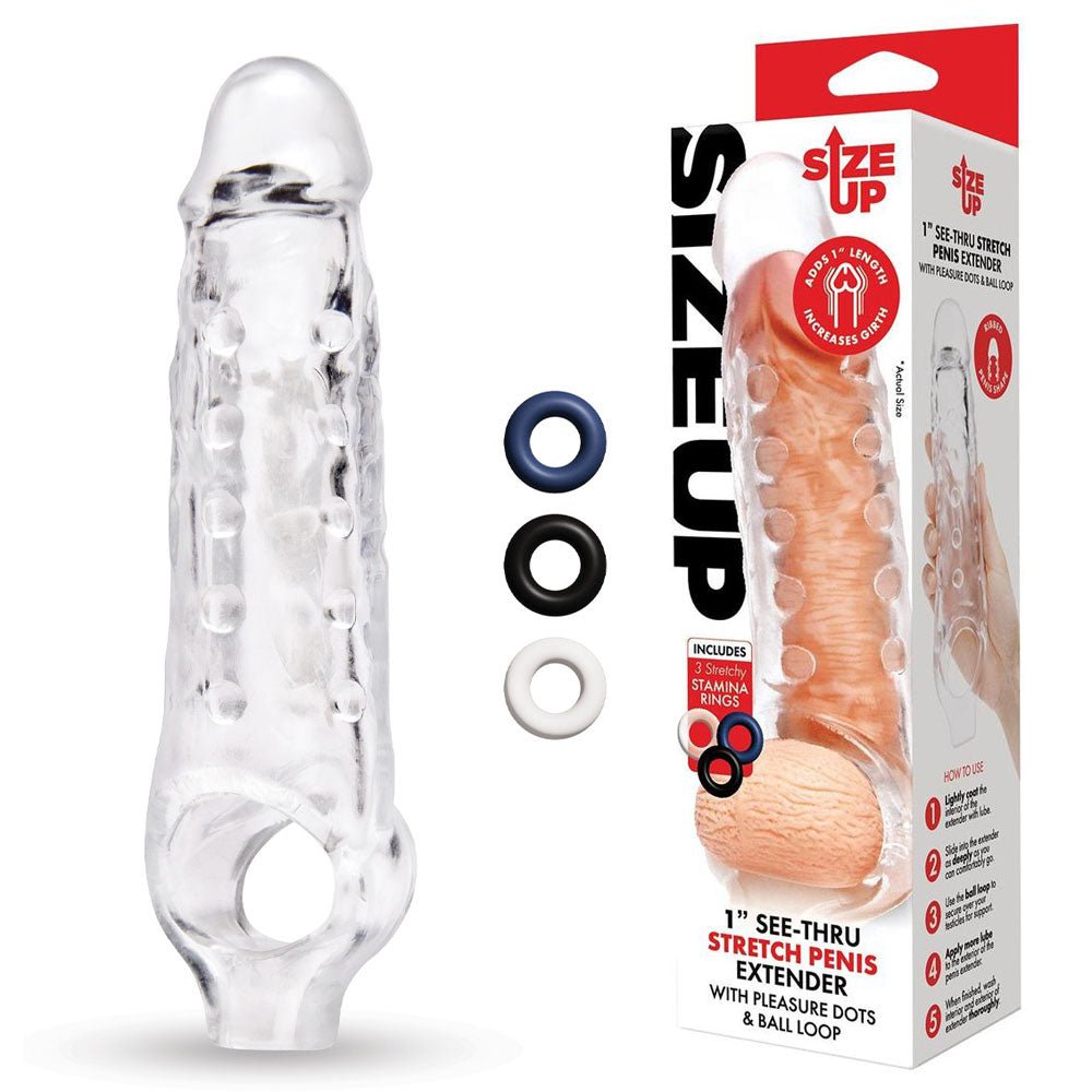 Size Up 1 Inch See-Thru Stretch Penis Extender - 2.5 cm (1'') Penis Extension Sleeve - Pleasure Den
