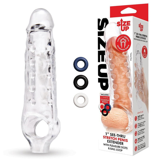 Size Up 1 Inch See-Thru Stretch Penis Extender - 2.5 cm (1'') Penis Extension Sleeve - Pleasure Den
