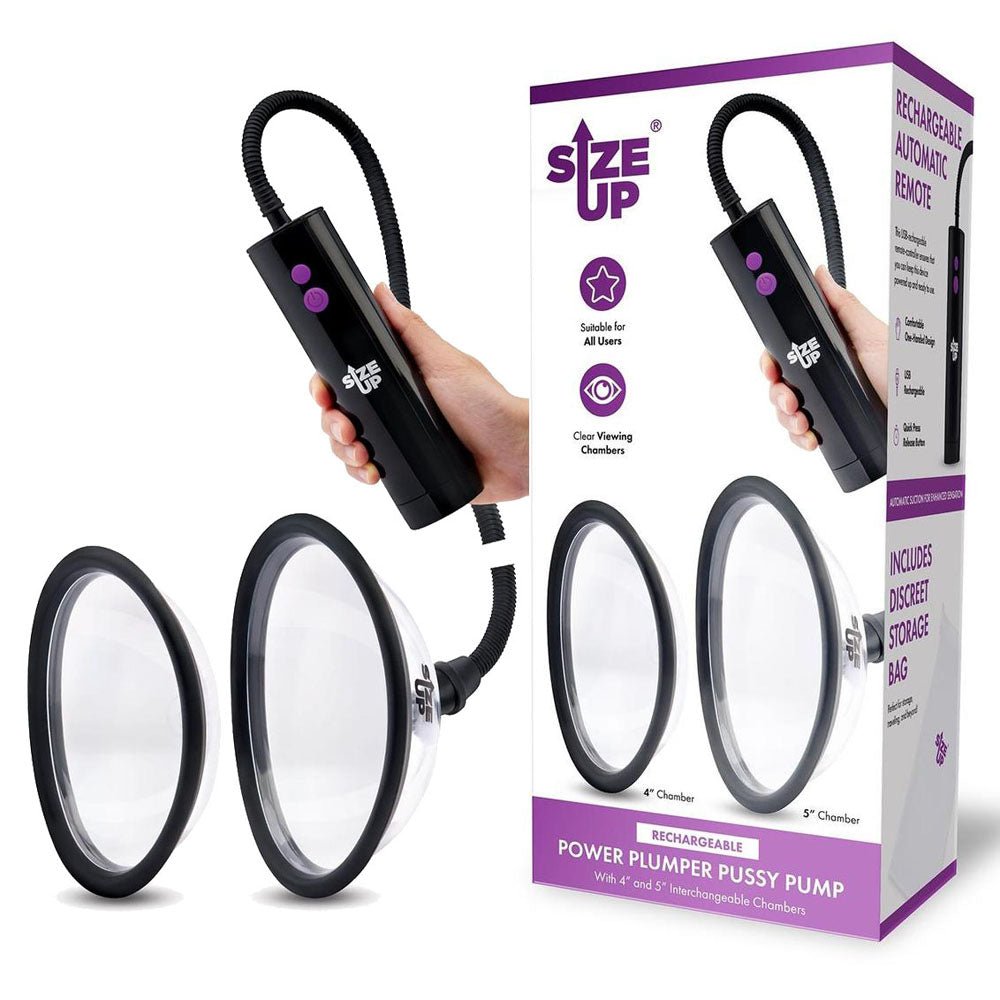 Size Up Rechargeable Power Plumper Pussy Pump - USB Rechargeable Vagina Pump with Interchangeable Chambers - Pleasure Den