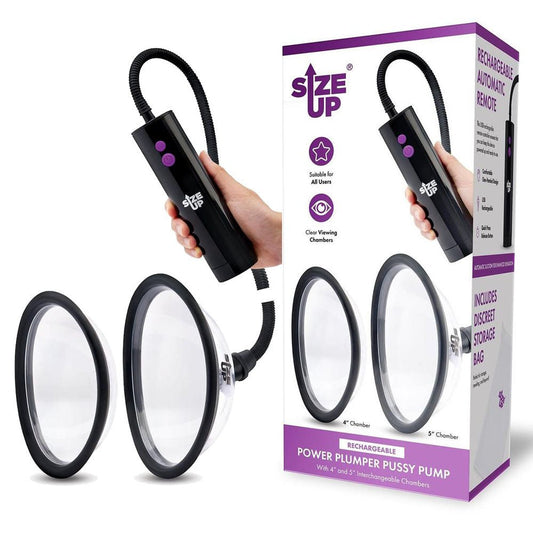 Size Up Rechargeable Power Plumper Pussy Pump - USB Rechargeable Vagina Pump with Interchangeable Chambers - Pleasure Den
