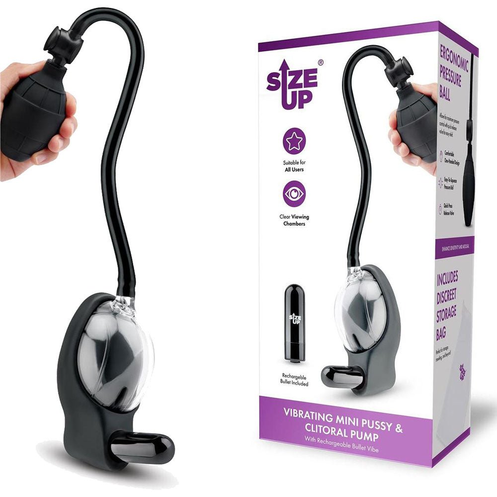 Size Up Vibrating Mini Pussy & Clitoral Pump - USB Rechargeable Vibrating Vaginal and Clitoral Pump - Pleasure Den