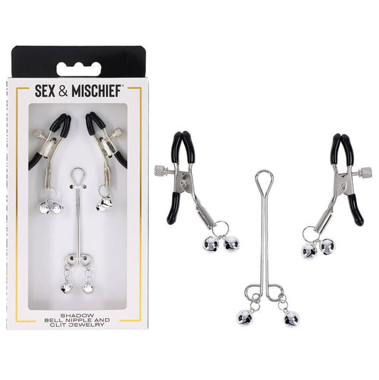 S&M Shadow Bell Nipple and Clit Jewelry - Metal Nipple Clamps and Clitoris Clamp - Pleasure Den
