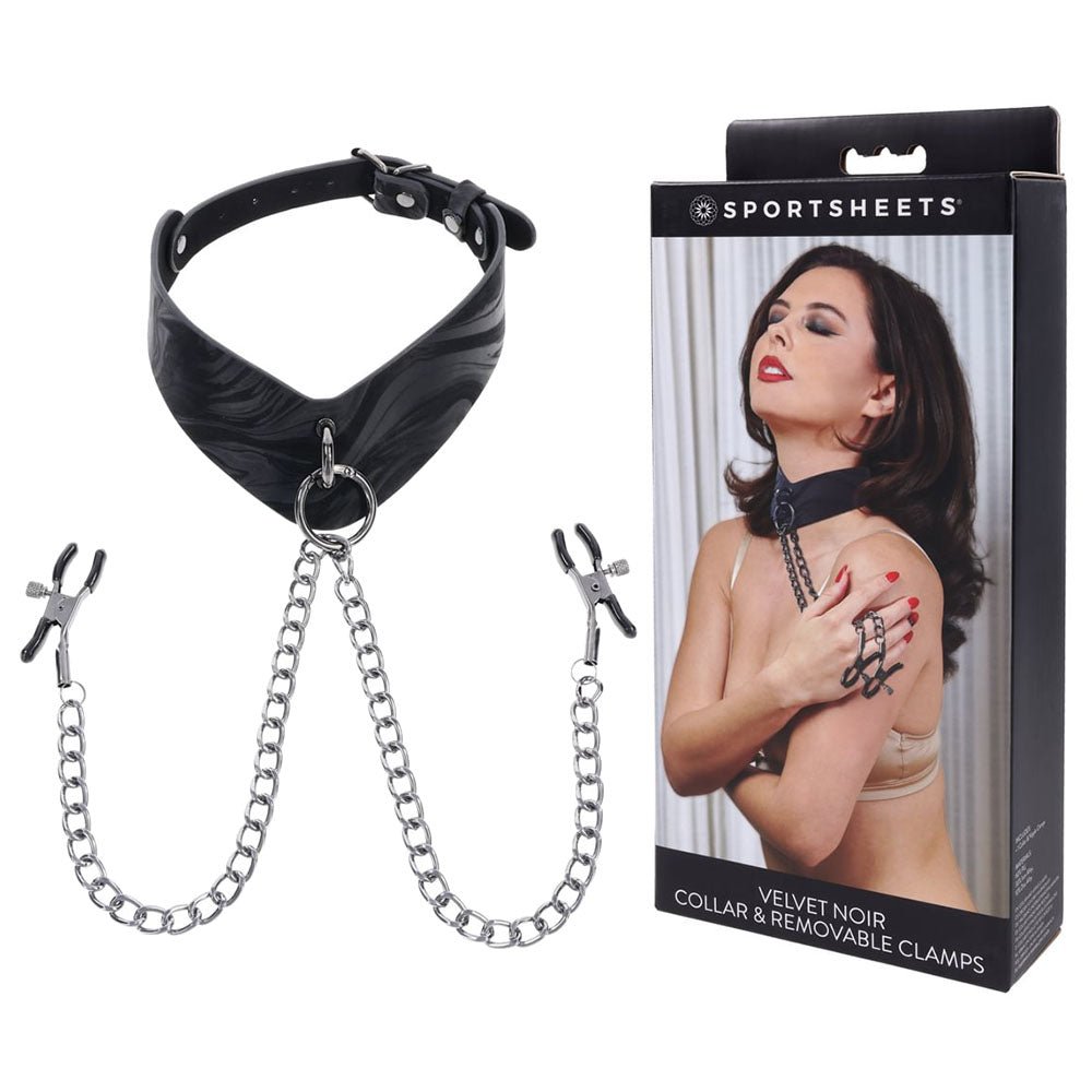 SPORTSHEETS Velvet Noir Collar & Removable Clamps - Neck & Nipple Restraints - Pleasure Den