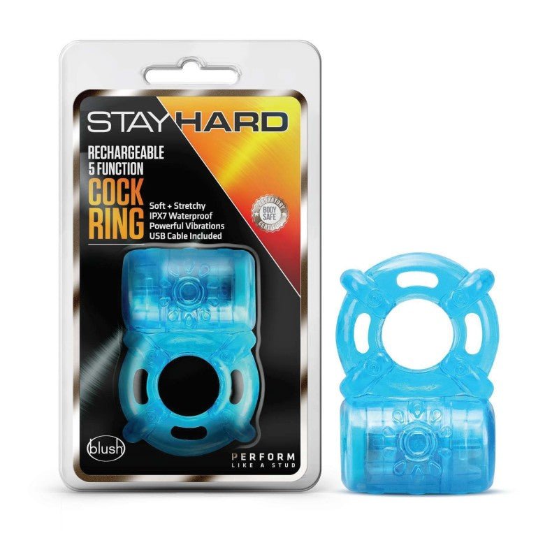 Stay Hard Rechargeable 5 Function Cock Ring - USB Rechargeable Vibrating Cock Ring - Pleasure Den