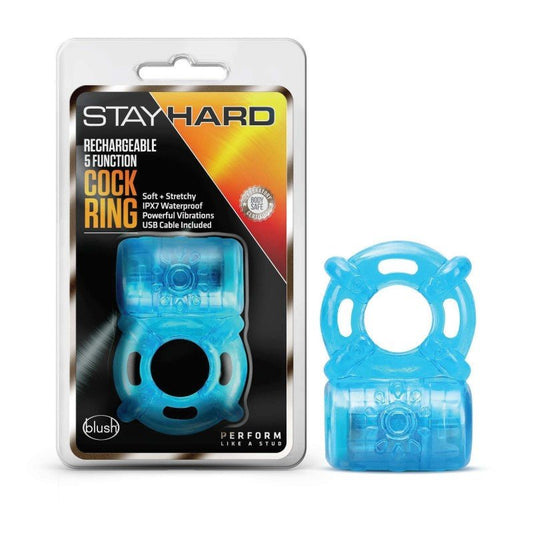 Stay Hard Rechargeable 5 Function Cock Ring - USB Rechargeable Vibrating Cock Ring - Pleasure Den