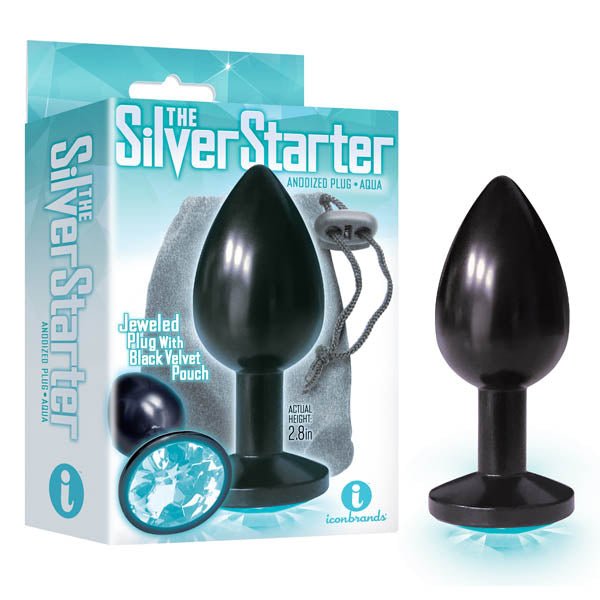 The Silver Starter - Anodised 7.1 cm (2.8'') Butt Plug with Aqua Round Jewel - Pleasure Den