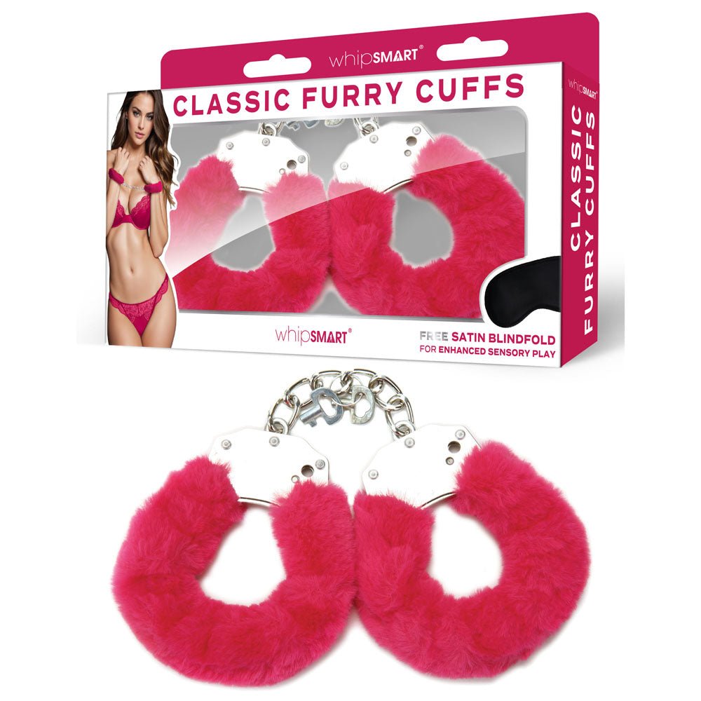 WhipSmart Classic Furry Cuffs - Hot - Hot Furry Restraints with Bonus Eye Mask - Pleasure Den