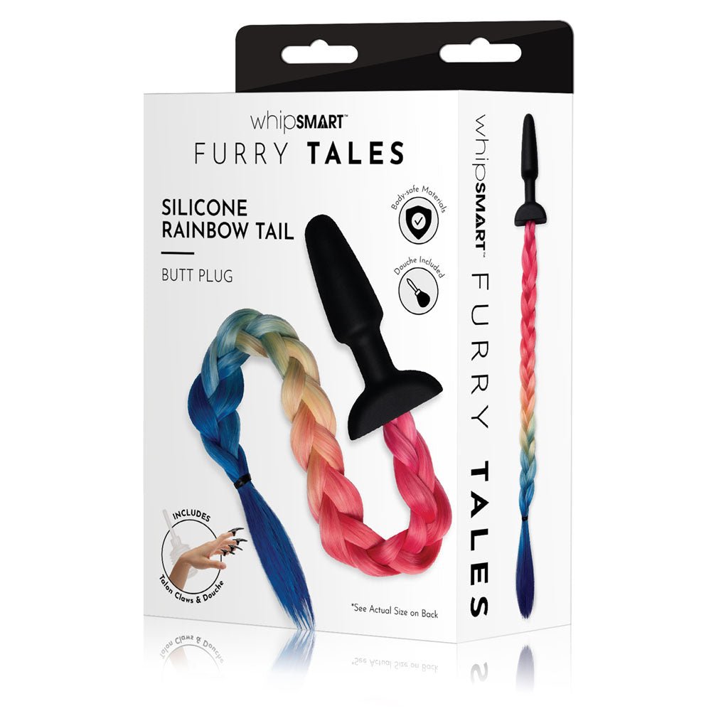 WhipSmart Furry Tales Silicone Rainbow Tail - Black 8.9 cm Butt Plug with Rainbow Tail - Pleasure Den