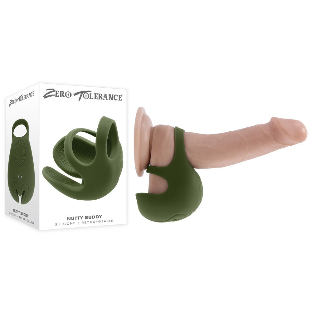 Zero Tolerance NUTTY BUDDY - Olive USB Rechargeable Vibrating Cock & Balls Ring - Pleasure Den