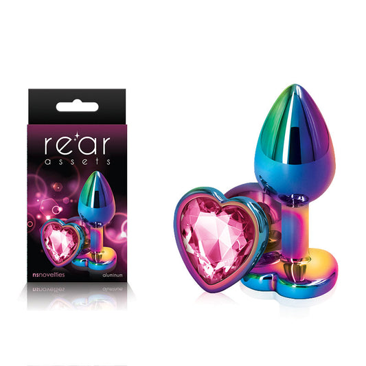Rear Assets Multi  Heart - Multi  Small Metal Butt Plug with Pink Heart Gem Base