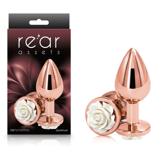 Rear Assets Rose - Medium -  8.9 cm Metal Butt Plug with White Rose Base