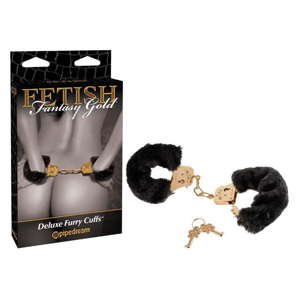 Fetish Fantasy Gold Deluxe Furry Cuffs - Black/Gold Furry Restraints - Pleasure Den