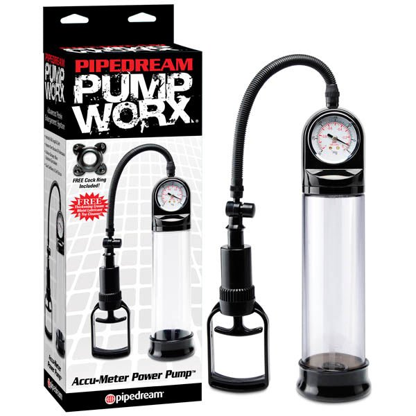 Pump Worx Accu-Meter Power Pump - Clear/Black Penis Pump with Gauge - Pleasure Den