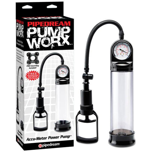 Pump Worx Accu-Meter Power Pump - Clear/Black Penis Pump with Gauge - Pleasure Den