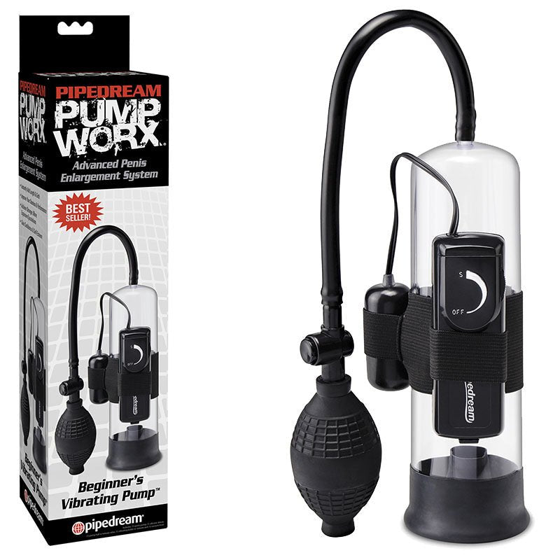 Pump Worx Beginner's Vibrating Pump - Clear/Black Vibrating Penis Pump - Pleasure Den