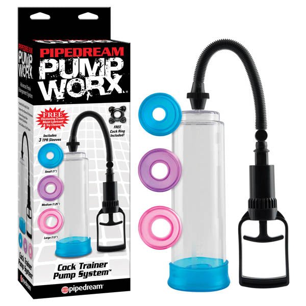 Pump Worx Cock Trainer Pump System - Clear Penis Pump with 3 Sleeves - Pleasure Den