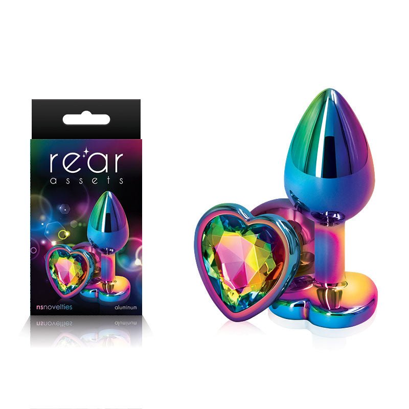 Rear Assets Multi Heart - Multi Small Metal Butt Plug with Rainbow Heart Gem Base - Pleasure Den