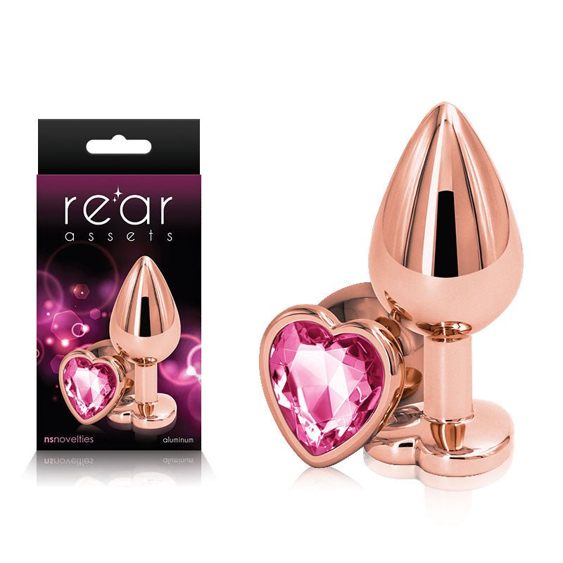 Rear Assets Rose Gold Heart Medium - Rose Gold Medium Metal Butt Plug with Pink Heart Gem Base - Pleasure Den