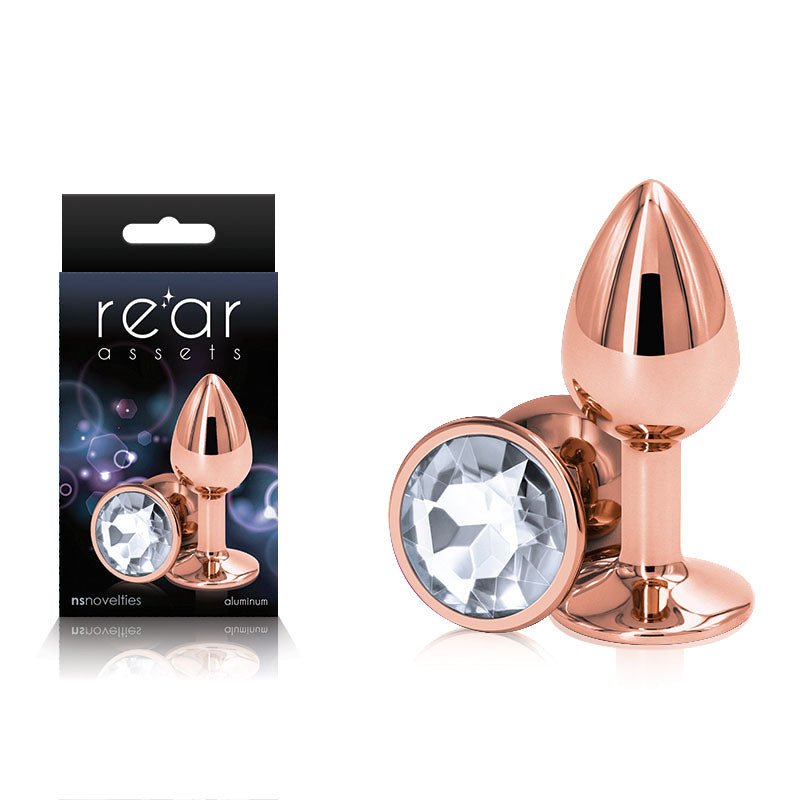 Rear Assets Rose Gold Small - Rose Gold Small Metal Butt Plug with Clear Gem Base - Pleasure Den
