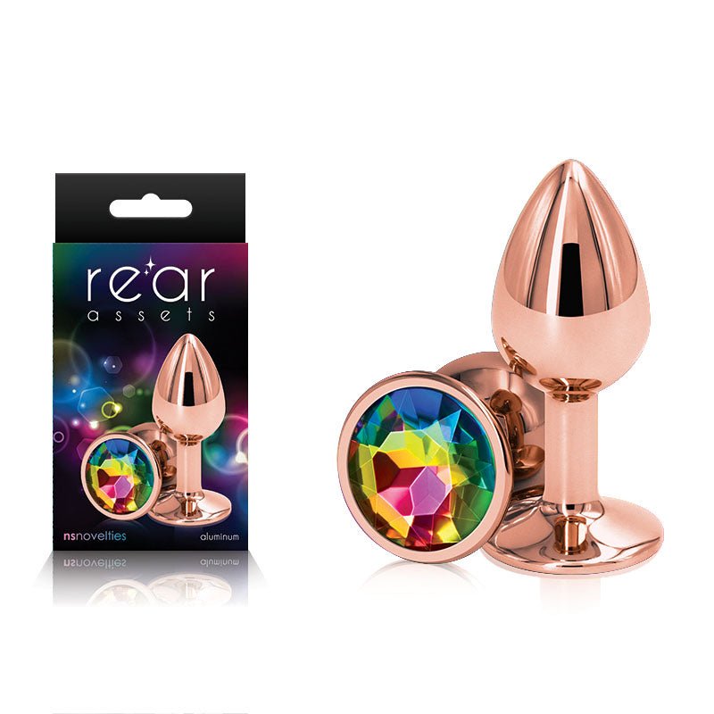 Rear Assets Rose Gold Small - Rose Gold Small Metal Butt Plug with Rainbow Gem Base - Pleasure Den