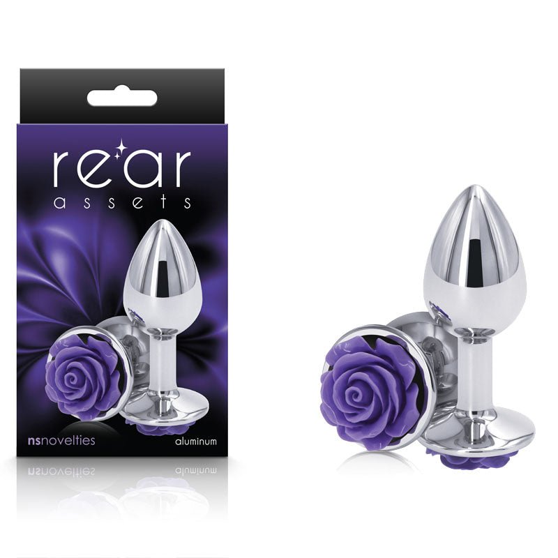 Rear Assets Rose - Small - 7.6 cm Metal Butt Plug with Purple Rose Base - Pleasure Den