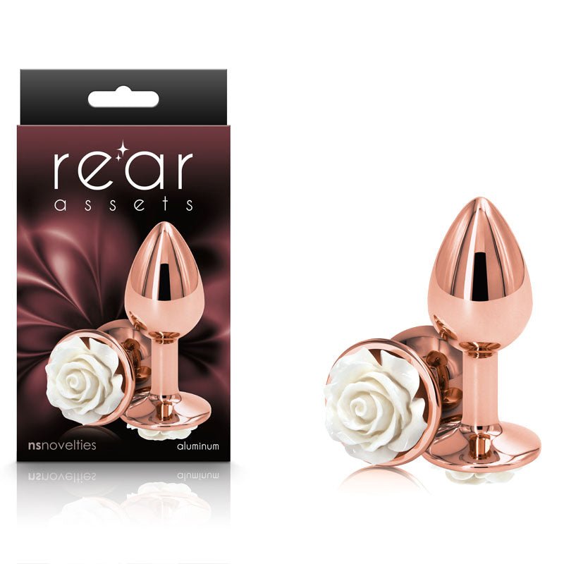 Rear Assets Rose - Small - 7.6 cm Metal Butt Plug with White Rose Base - Pleasure Den