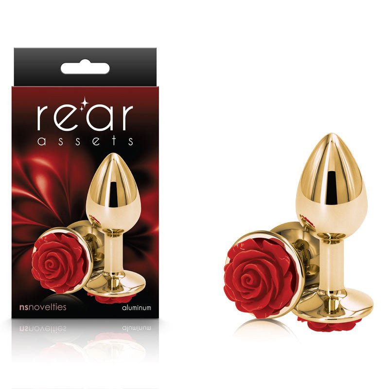Rear Assets Rose - Small - Gold 7.6 cm Metal Butt Plug with Red Rose Base - Pleasure Den