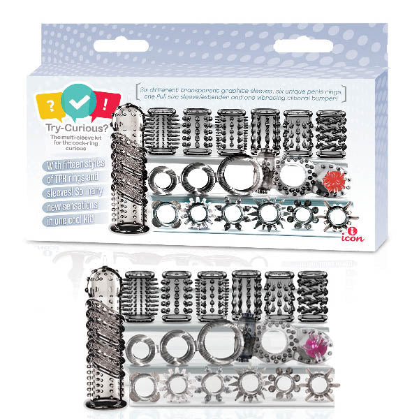 Try-Curious Cock Ring & Sleeve Set - Clear - 15 Piece Set - Pleasure Den